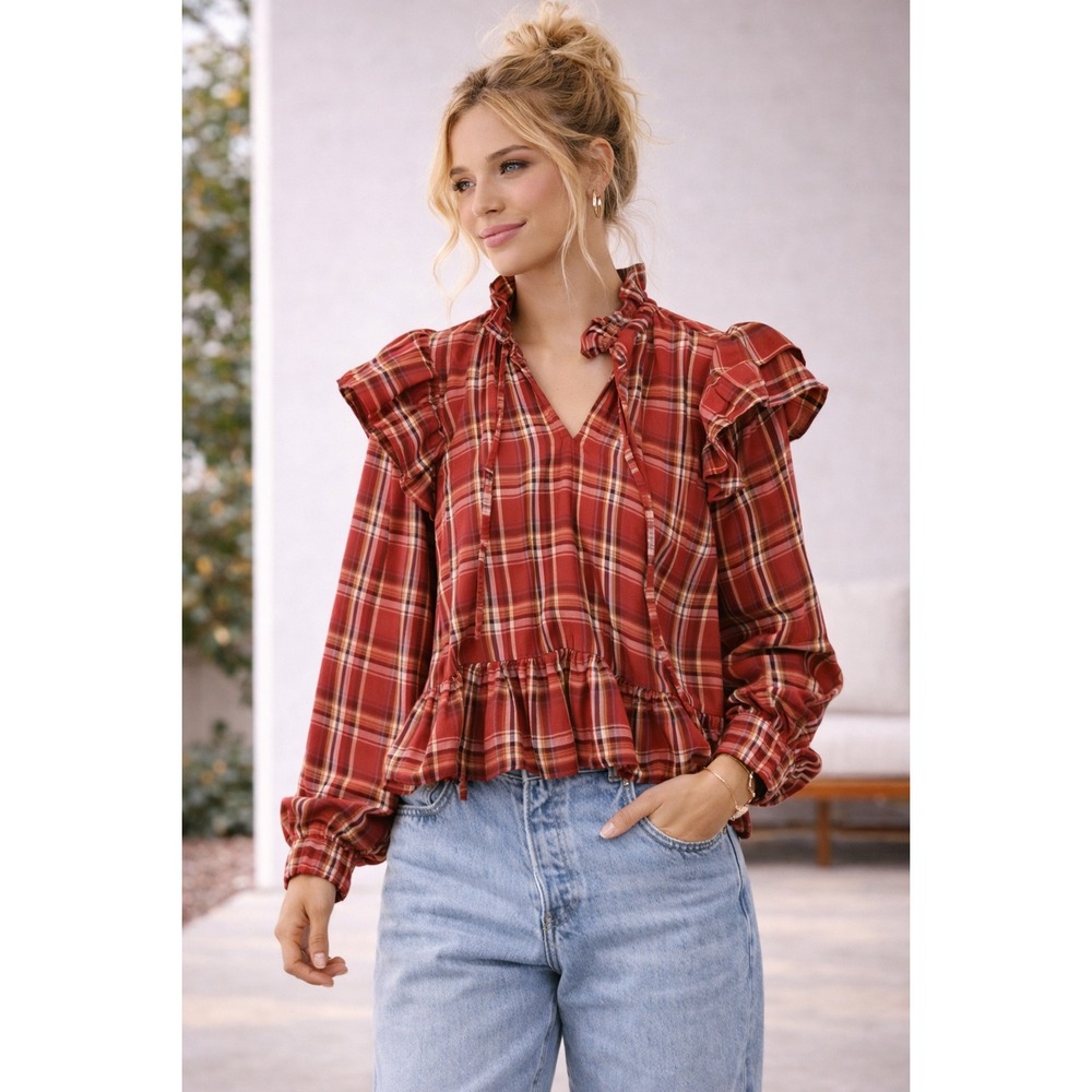 Blank NYC Check‎ That Out Top Red Plaid Ruffle Blouse XS Boho Peplum Cotton Boho